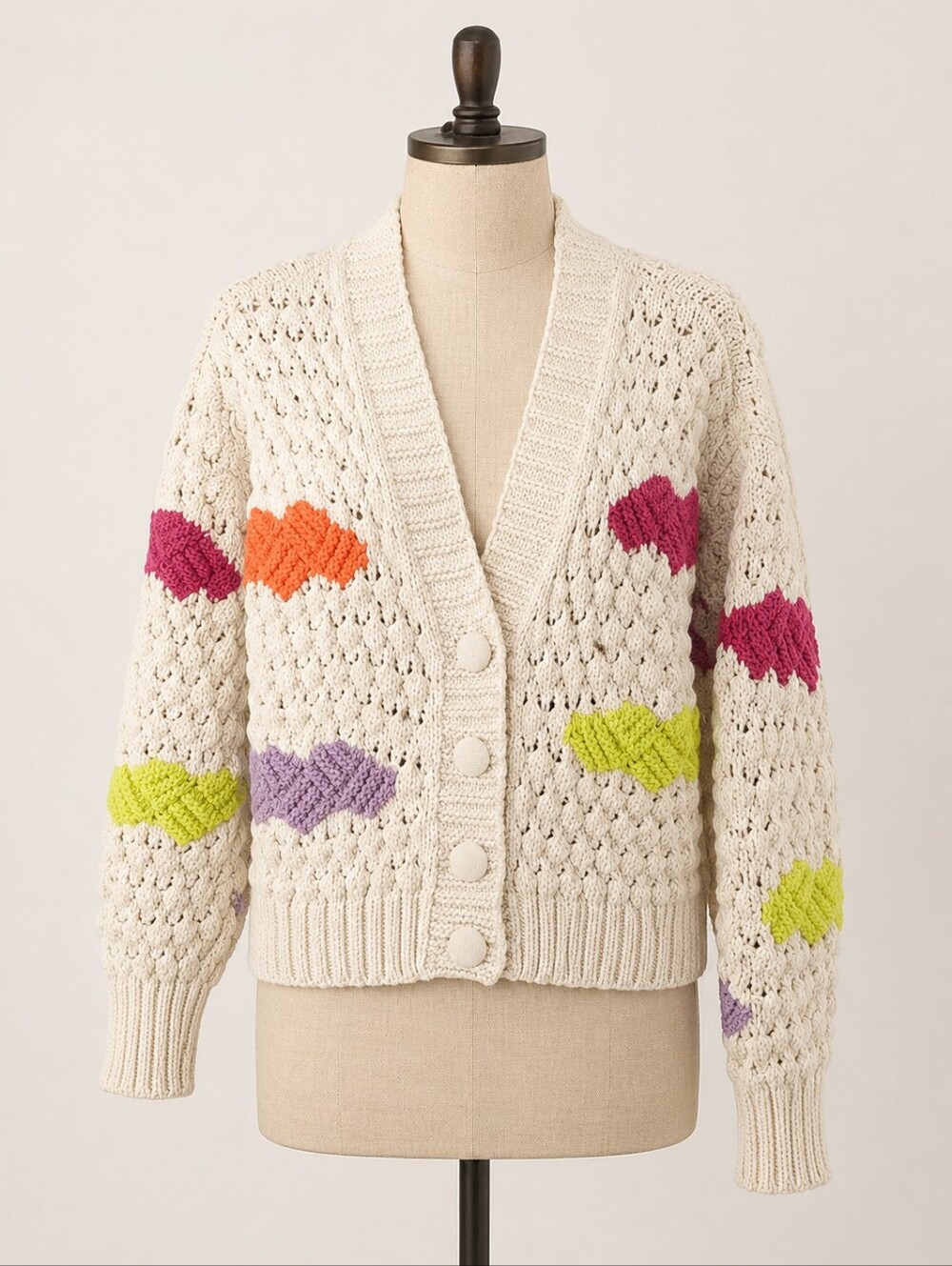 Zara Chunky Knit Colorblock Cardigan Cream Multicolor Size Medium - Picture 2 of 8